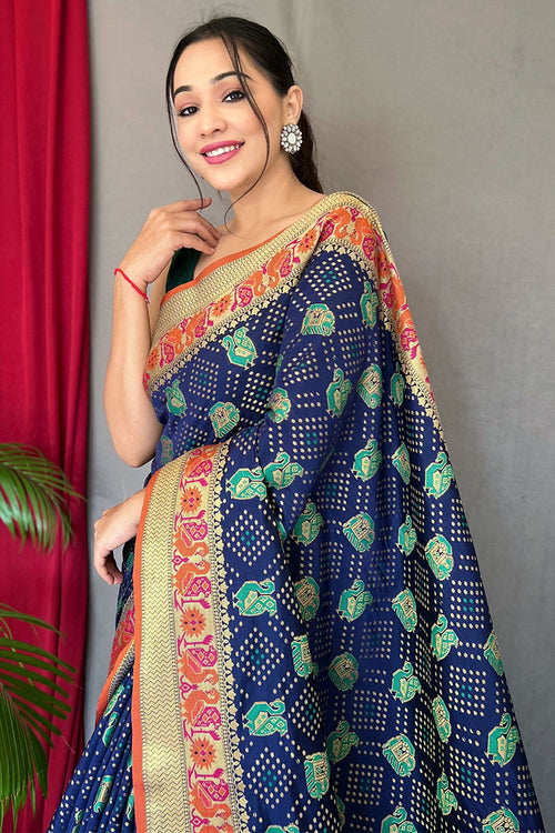 Load image into Gallery viewer, Gossamer Navy Blue Patola Silk Saree with Demure Blouse Piece
