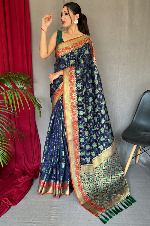 Load image into Gallery viewer, Gossamer Navy Blue Patola Silk Saree with Demure Blouse Piece
