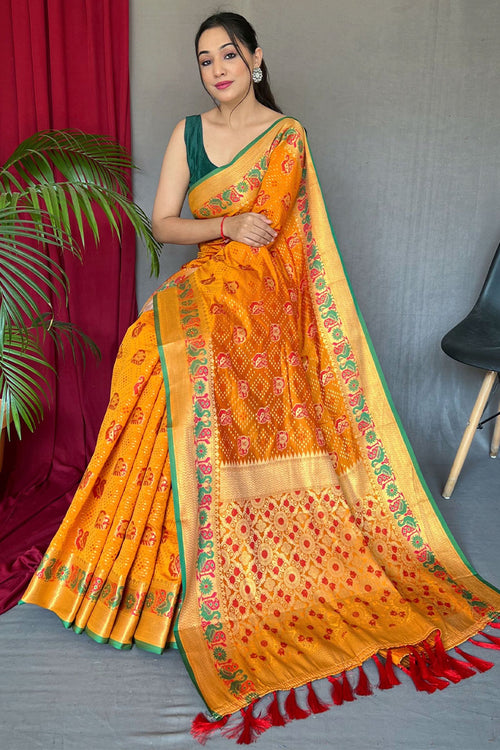 Load image into Gallery viewer, Fugacious Yellow Patola Silk Saree with Serendipity Blouse Piece
