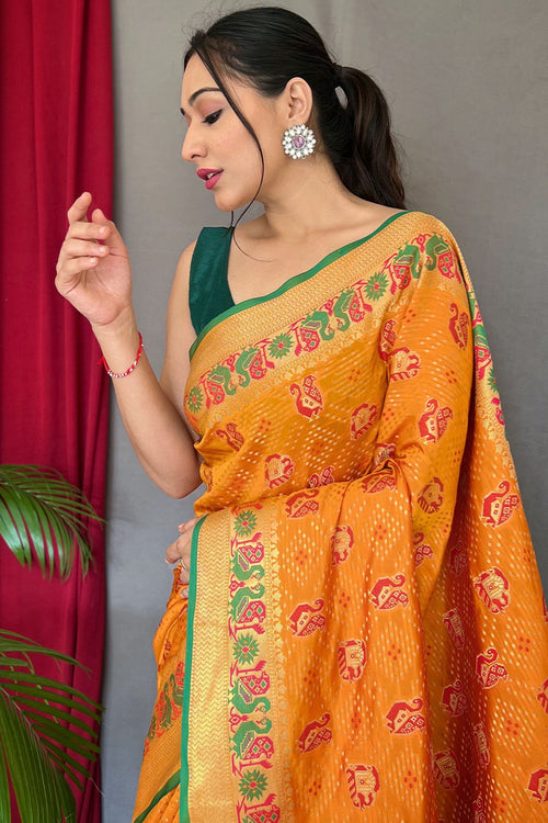 Load image into Gallery viewer, Fugacious Yellow Patola Silk Saree with Serendipity Blouse Piece
