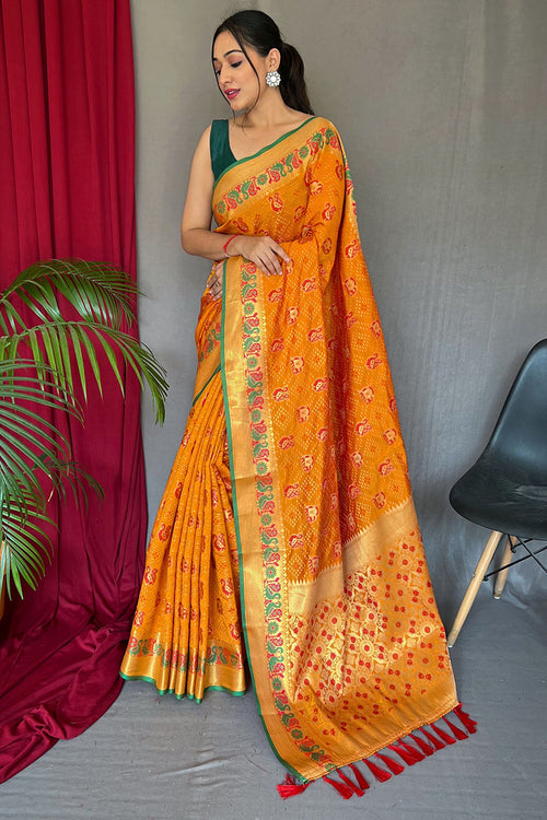 Load image into Gallery viewer, Fugacious Yellow Patola Silk Saree with Serendipity Blouse Piece
