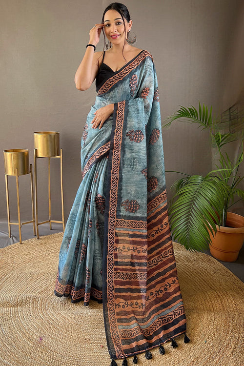 Load image into Gallery viewer, Adoring Firozi Digital Printed Tussar Silk Saree With Radiant Blouse Piece
