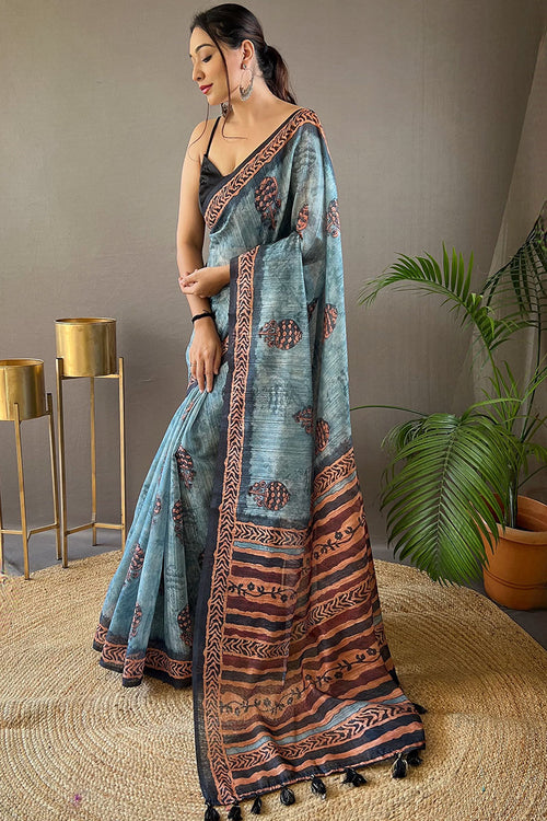 Load image into Gallery viewer, Adoring Firozi Digital Printed Tussar Silk Saree With Radiant Blouse Piece
