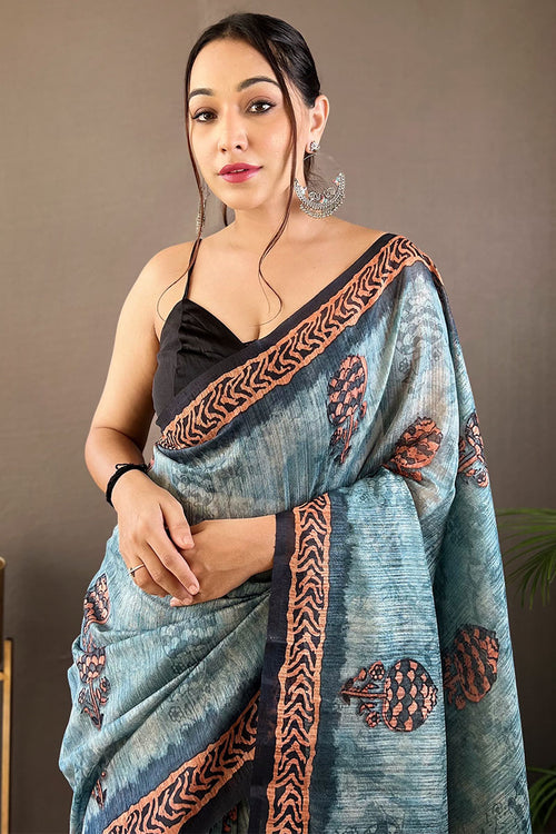 Load image into Gallery viewer, Adoring Firozi Digital Printed Tussar Silk Saree With Radiant Blouse Piece
