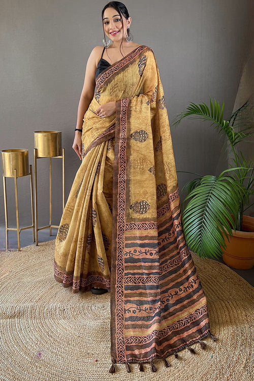 Load image into Gallery viewer, Glowing Mustard Digital Printed Tussar Silk Saree With Energetic Blouse Piece
