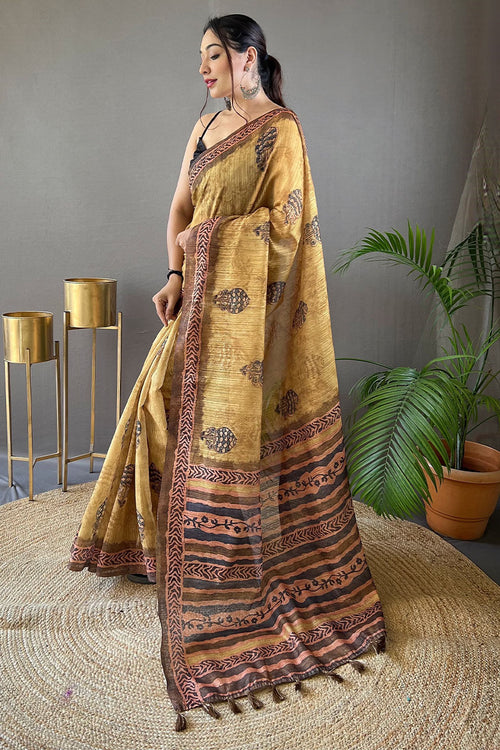 Load image into Gallery viewer, Glowing Mustard Digital Printed Tussar Silk Saree With Energetic Blouse Piece
