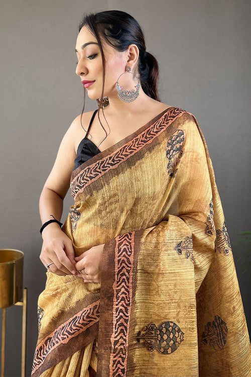 Load image into Gallery viewer, Glowing Mustard Digital Printed Tussar Silk Saree With Energetic Blouse Piece
