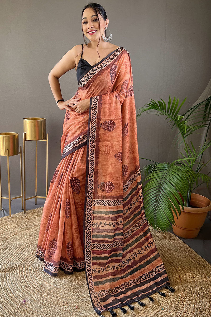 Elegant Peach Digital Printed Tussar Silk Saree With Staring Blouse Piece