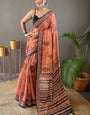 Elegant Peach Digital Printed Tussar Silk Saree With Staring Blouse Piece