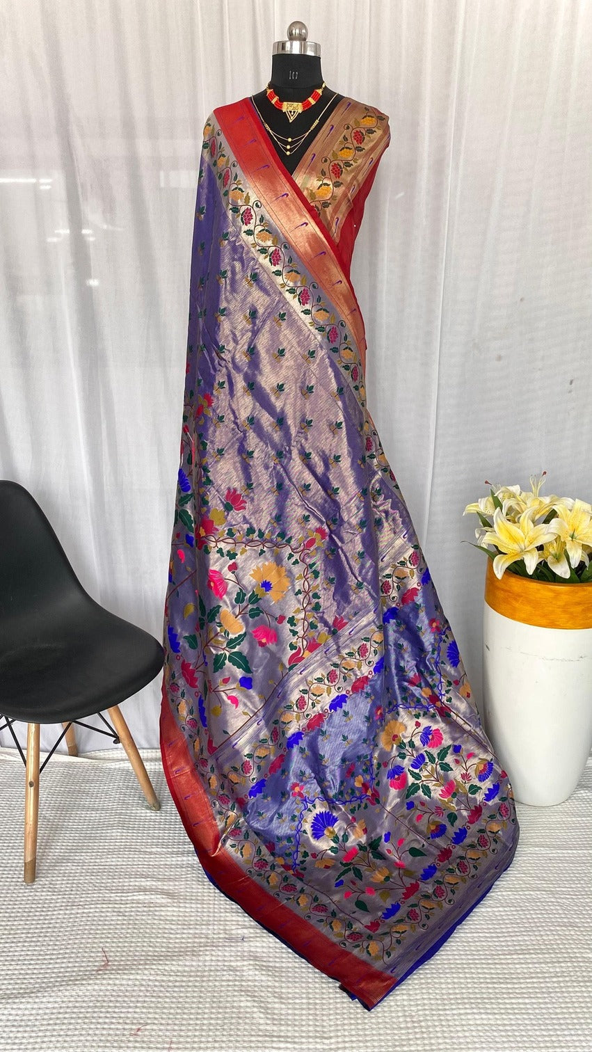 Stunning Blue Paithani Silk Saree With Lovely Blouse Piece