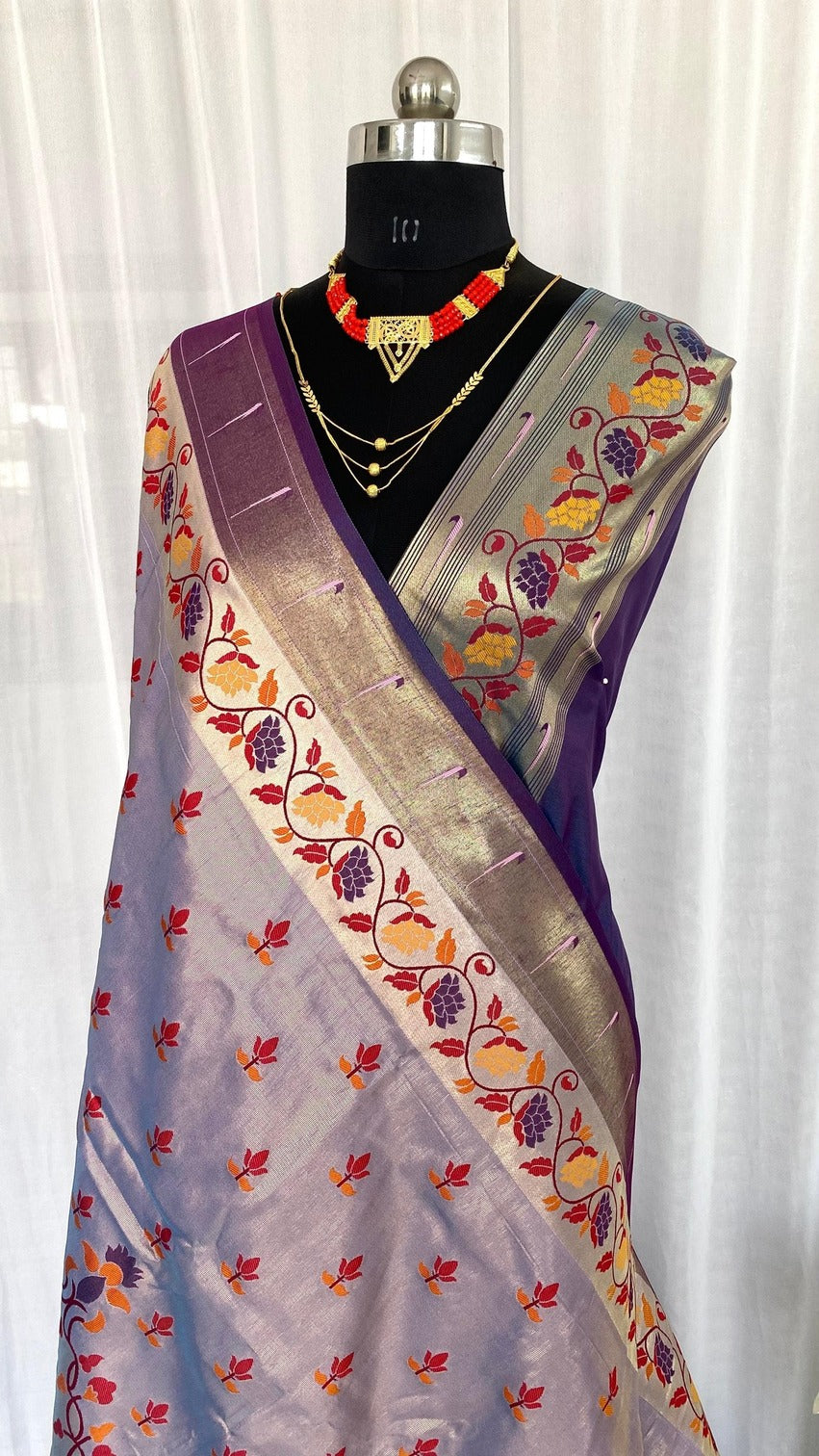 Wonderful Lavender Paithani Silk Saree With Alluring Blouse Piece