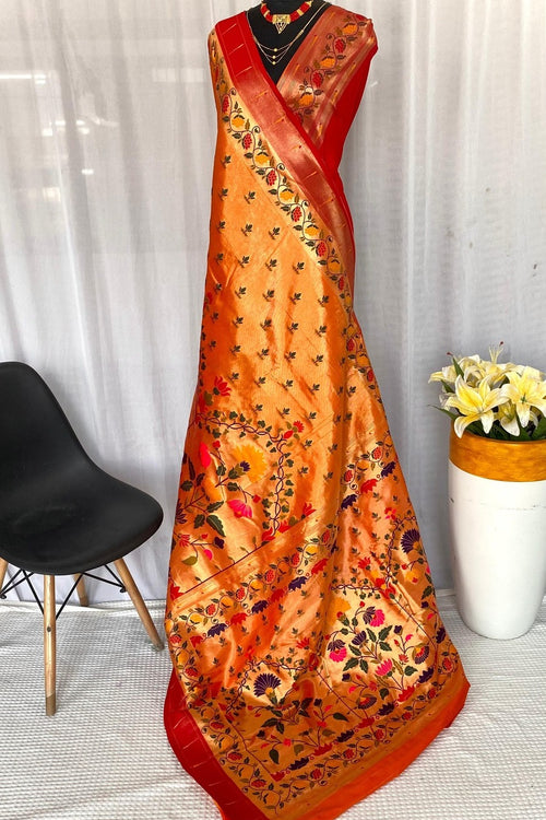 Load image into Gallery viewer, Charming Orange Paithani Silk Saree With Glowing Blouse Piece
