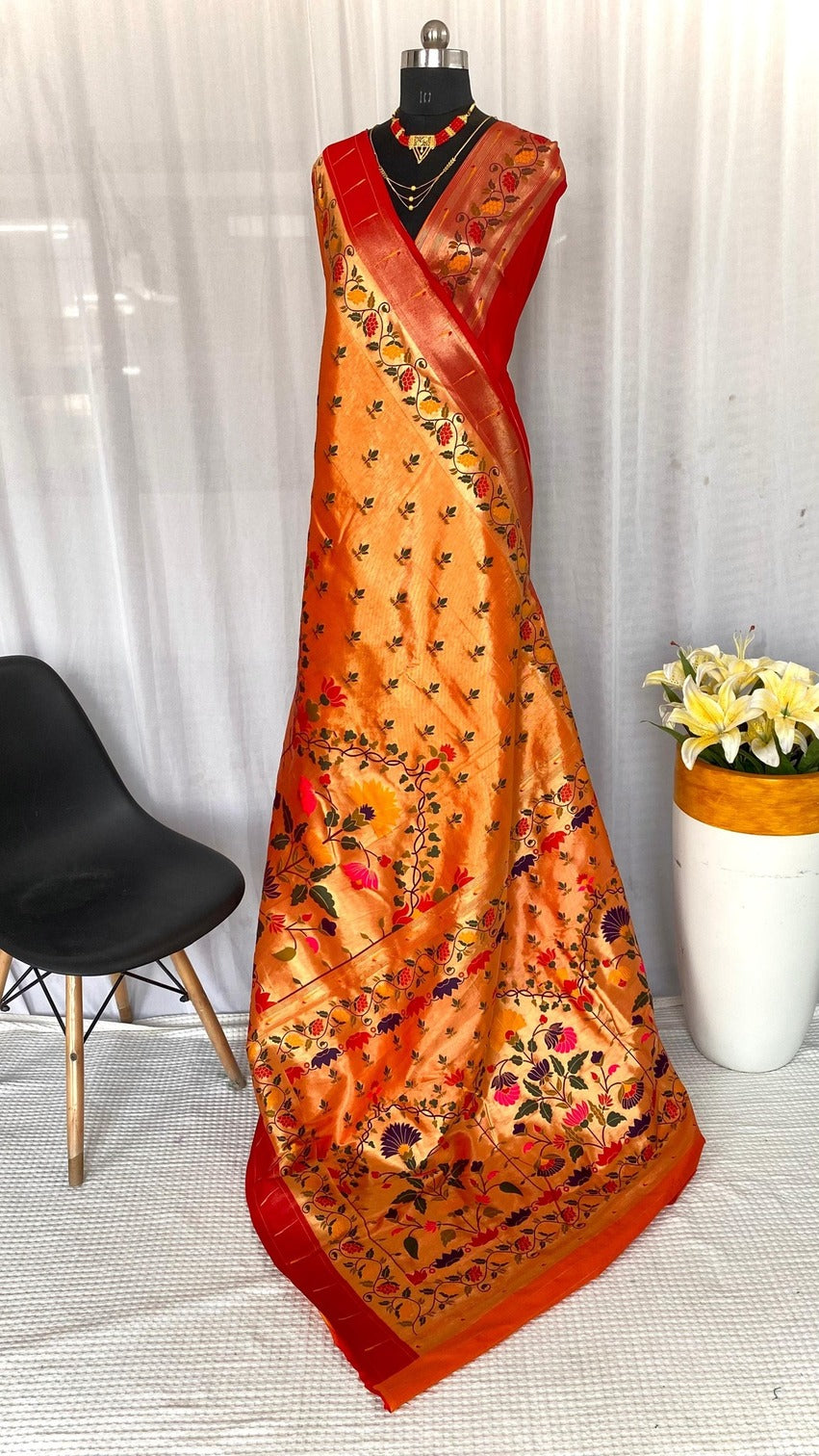 Charming Orange Paithani Silk Saree With Glowing Blouse Piece