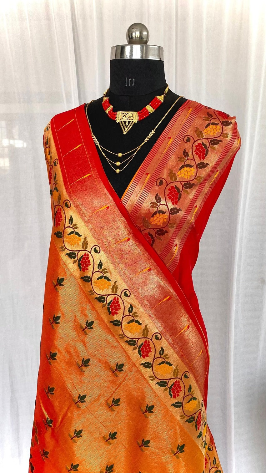 Charming Orange Paithani Silk Saree With Glowing Blouse Piece