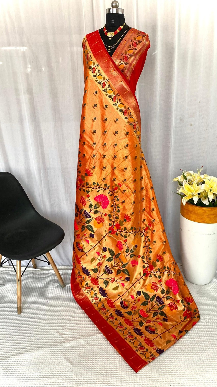 Charming Orange Paithani Silk Saree With Glowing Blouse Piece