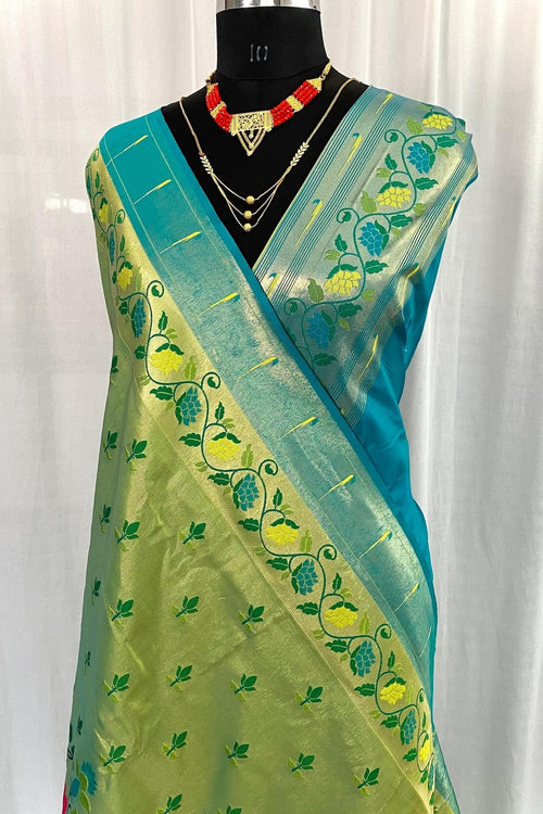 Load image into Gallery viewer, Jazzy Parrot Paithani Silk Saree With Ethnic Blouse Piece
