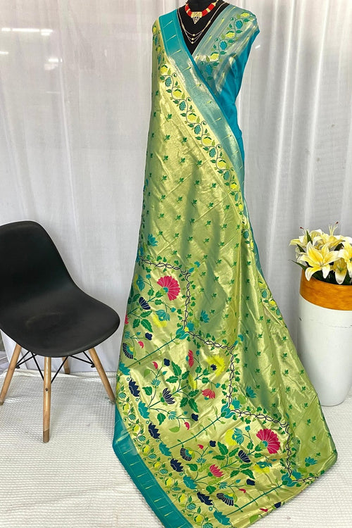 Load image into Gallery viewer, Jazzy Parrot Paithani Silk Saree With Ethnic Blouse Piece
