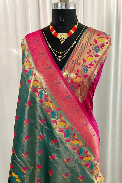 Load image into Gallery viewer, Prominent Rama Paithani Silk Saree With Glorious Blouse Piece
