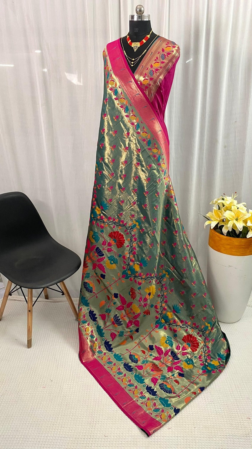 Prominent Rama Paithani Silk Saree With Glorious Blouse Piece