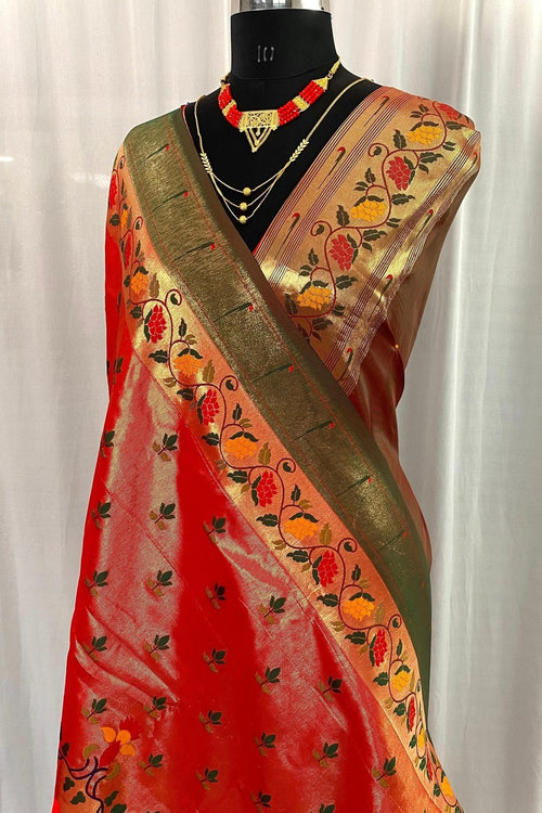 Load image into Gallery viewer, Classic Red Paithani Silk Saree With Ideal Blouse Piece
