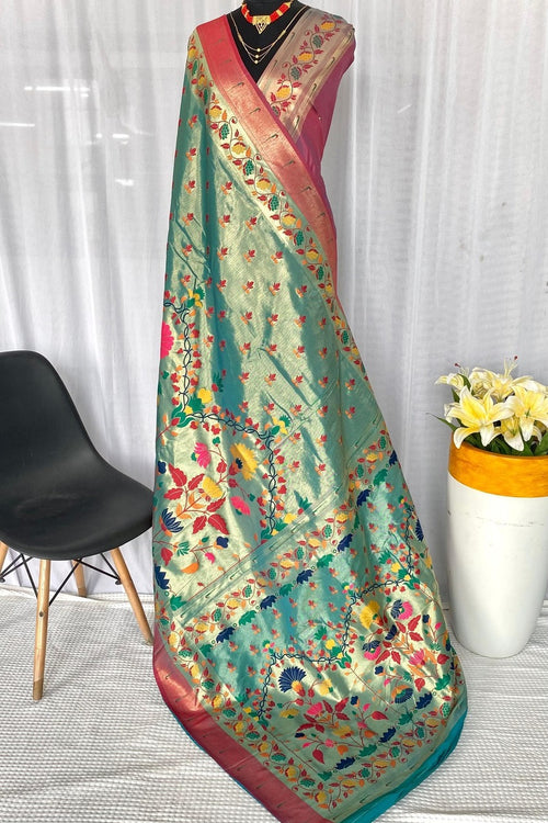 Load image into Gallery viewer, Bucolic Sea Green Paithani Silk Saree With Ratatouille Blouse Piece
