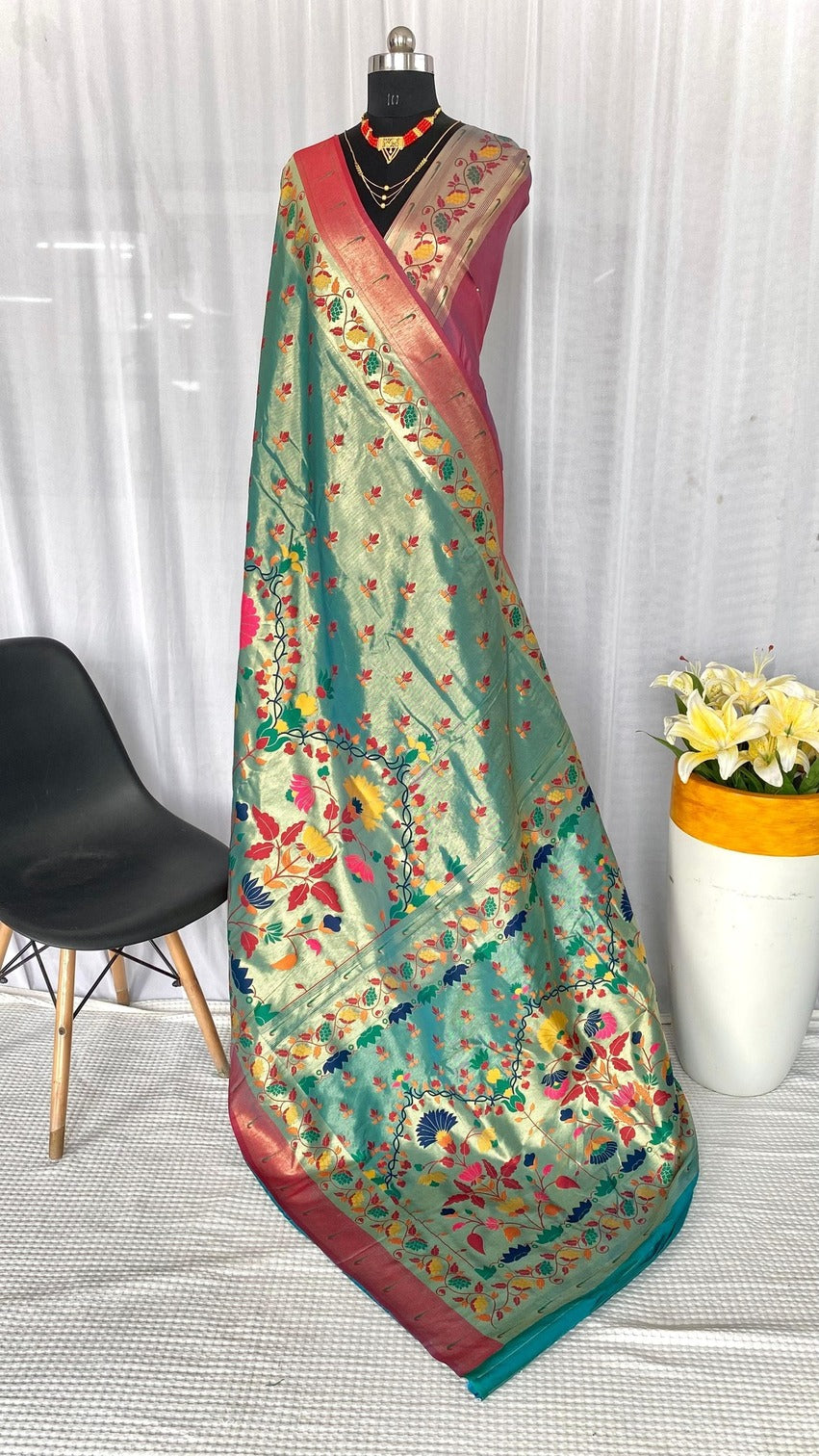 Bucolic Sea Green Paithani Silk Saree With Ratatouille Blouse Piece