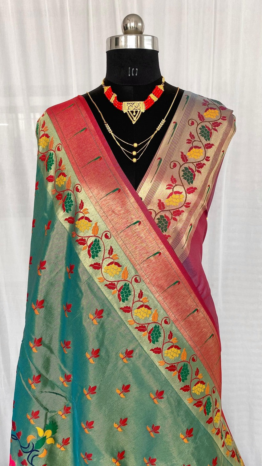 Bucolic Sea Green Paithani Silk Saree With Ratatouille Blouse Piece