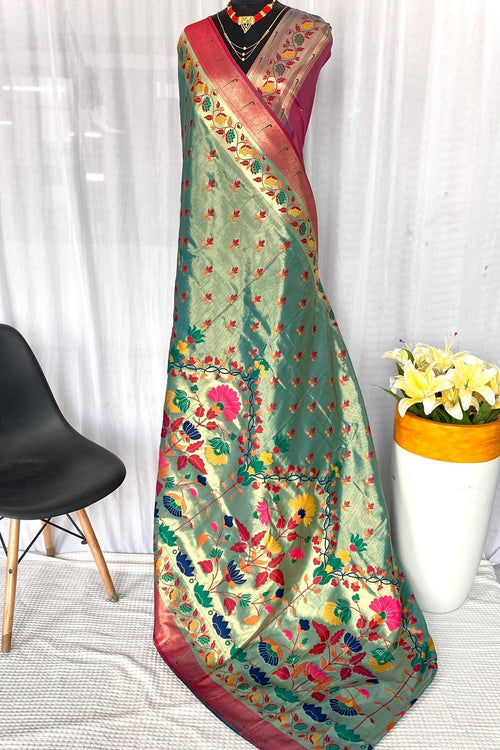 Load image into Gallery viewer, Bucolic Sea Green Paithani Silk Saree With Ratatouille Blouse Piece
