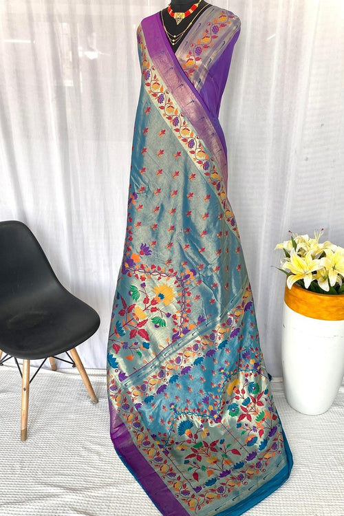 Load image into Gallery viewer, Magnetic Sky Paithani Silk Saree With Amiable Blouse Piece
