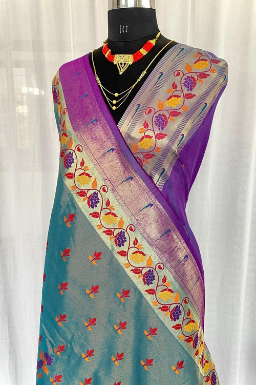 Load image into Gallery viewer, Magnetic Sky Paithani Silk Saree With Amiable Blouse Piece
