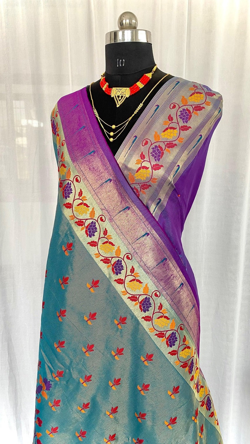 Magnetic Sky Paithani Silk Saree With Amiable Blouse Piece