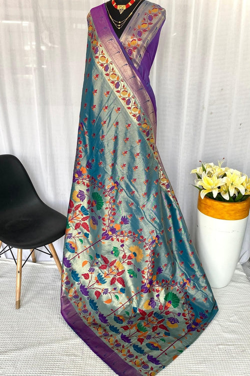 Load image into Gallery viewer, Magnetic Sky Paithani Silk Saree With Amiable Blouse Piece
