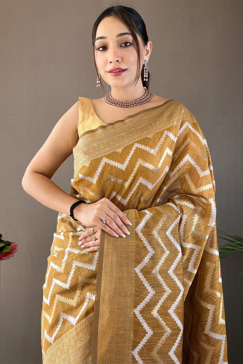 Beautiful Mustard Cotton Silk Saree With Intricate Blouse Piece