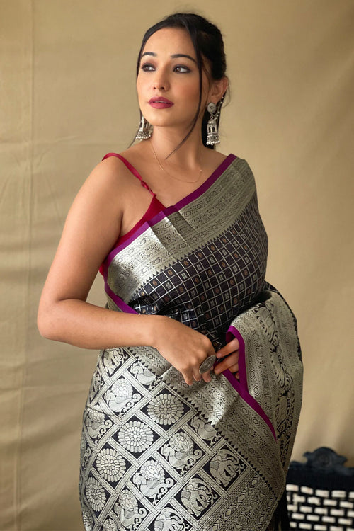 Load image into Gallery viewer, Elision Black Soft Banarasi Silk Saree With Excellent Blouse Piece
