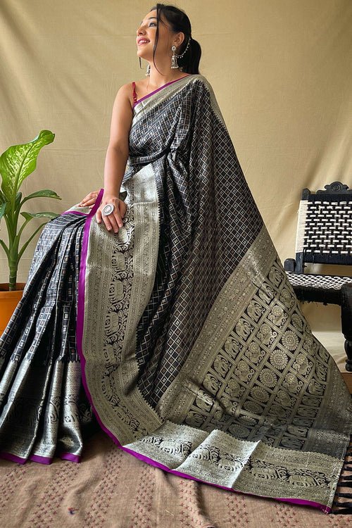 Load image into Gallery viewer, Elision Black Soft Banarasi Silk Saree With Excellent Blouse Piece
