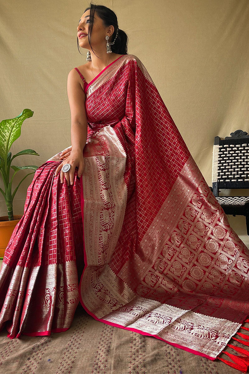 Ailurophile Maroon Soft Banarasi Silk Saree With Scintilla Blouse Piece