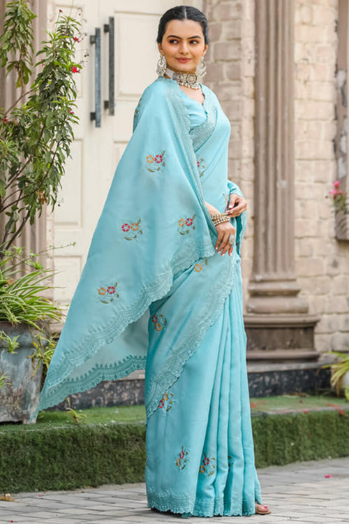 Load image into Gallery viewer, Nemesis Firozi Embroidery Work Tussar Silk Saree With Embrocation Blouse Piece
