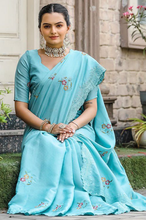 Load image into Gallery viewer, Nemesis Firozi Embroidery Work Tussar Silk Saree With Embrocation Blouse Piece
