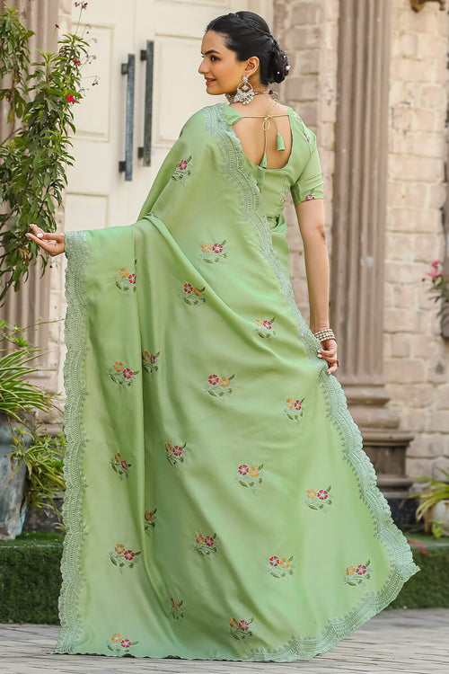 Load image into Gallery viewer, Desuetude Green Embroidery Work Tussar Silk Saree With Beleaguer Blouse Piece
