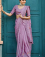 Classic Lavender Embroidery Work Tussar Silk Saree With Flameboyant Blouse Piece