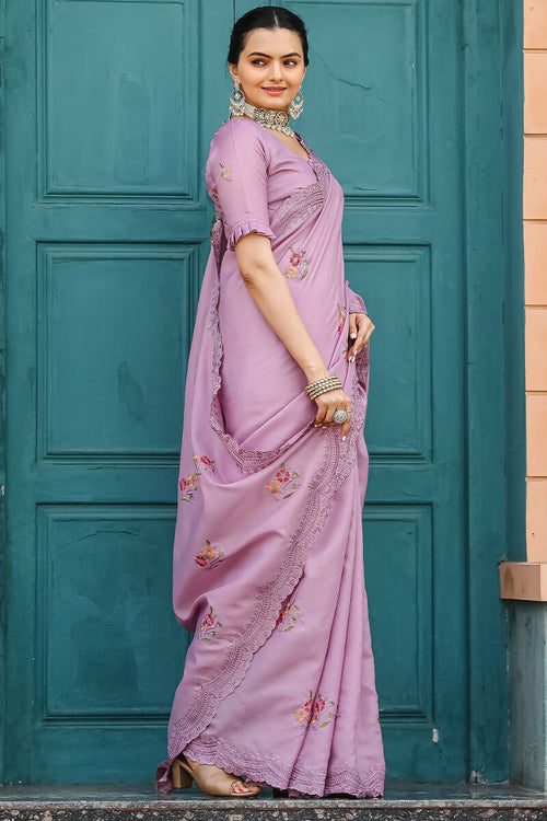 Load image into Gallery viewer, Classic Lavender Embroidery Work Tussar Silk Saree With Flameboyant Blouse Piece
