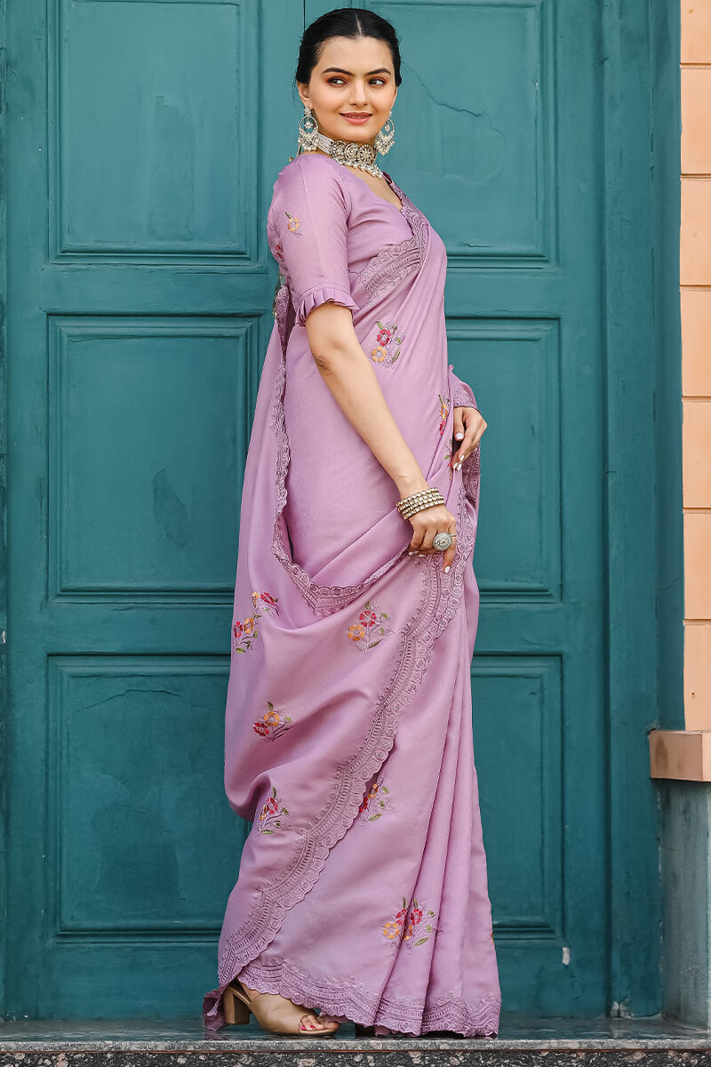 Classic Lavender Embroidery Work Tussar Silk Saree With Flameboyant Blouse Piece