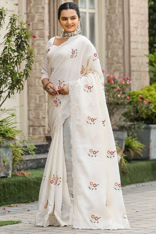 Load image into Gallery viewer, Radiant Off White Embroidery Work Tussar Silk Saree With Blooming Blouse Piece
