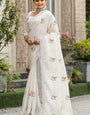 Radiant Off White Embroidery Work Tussar Silk Saree With Blooming Blouse Piece