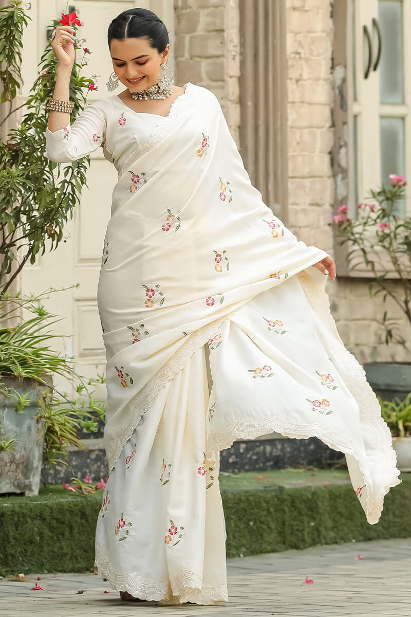 Radiant Off White Embroidery Work Tussar Silk Saree With Blooming Blouse Piece