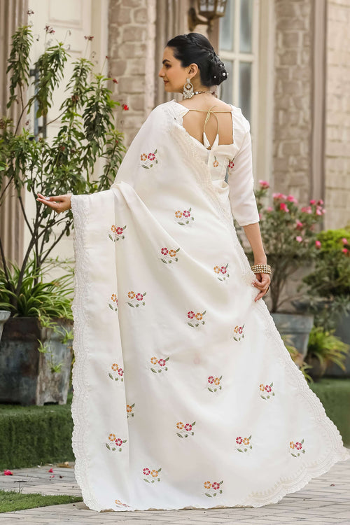 Load image into Gallery viewer, Radiant Off White Embroidery Work Tussar Silk Saree With Blooming Blouse Piece
