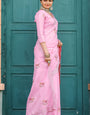 Demanding Pink Embroidery Work Tussar Silk Saree With Outstanding Blouse Piece