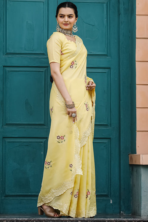 Load image into Gallery viewer, Attractive Yellow Embroidery Work Tussar Silk Saree With Lovely Blouse Piece
