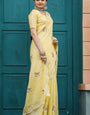 Attractive Yellow Embroidery Work Tussar Silk Saree With Lovely Blouse Piece