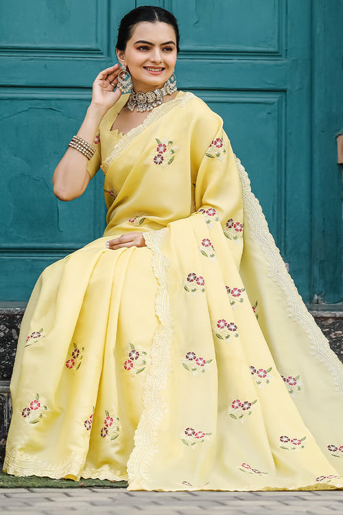 Load image into Gallery viewer, Attractive Yellow Embroidery Work Tussar Silk Saree With Lovely Blouse Piece
